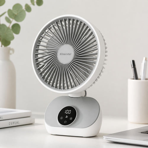 Touchscreen Desk Fan on a bright desk