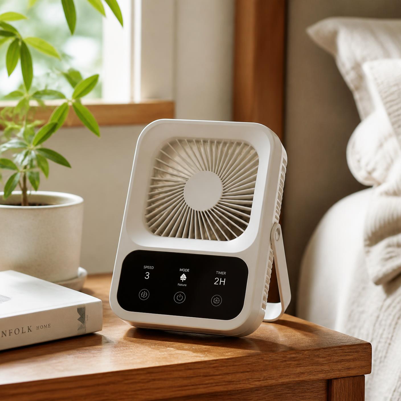 Touchscreen Desk Fan on a bedside table