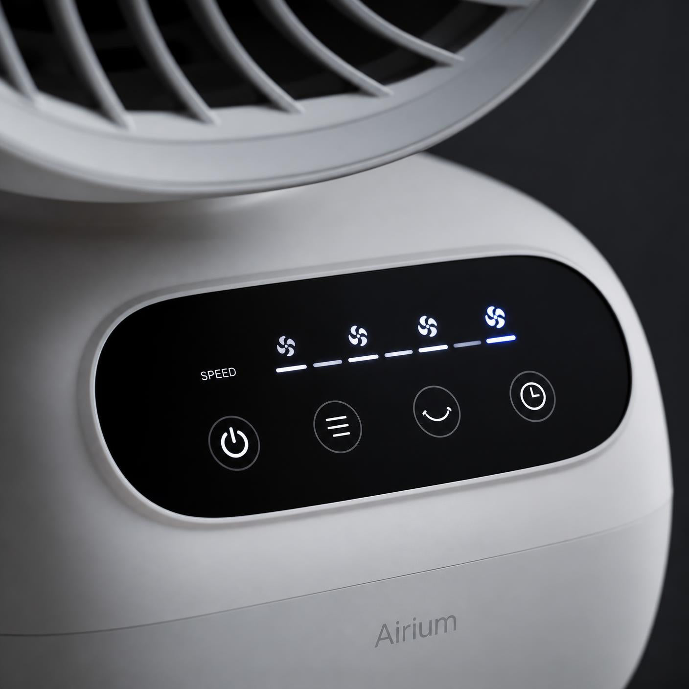 Close-up of the fan's touchscreen control panel