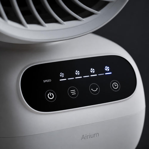 Close-up of the fan's touchscreen control panel